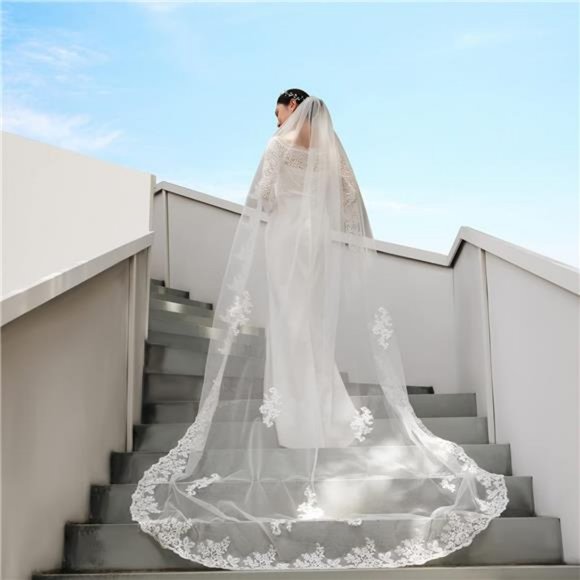 Wedding Veil and Tiara, 1 Tier Lace Cathedral Wedding Veil with Comb 118\